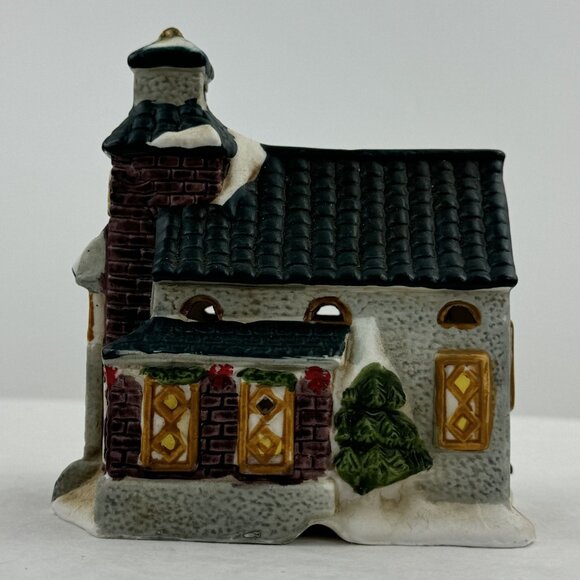 Vintage Ceramic Light-Up Christmas Village Schoolhouse Wreath Snow Small 4.5" - Picture 14 of 16